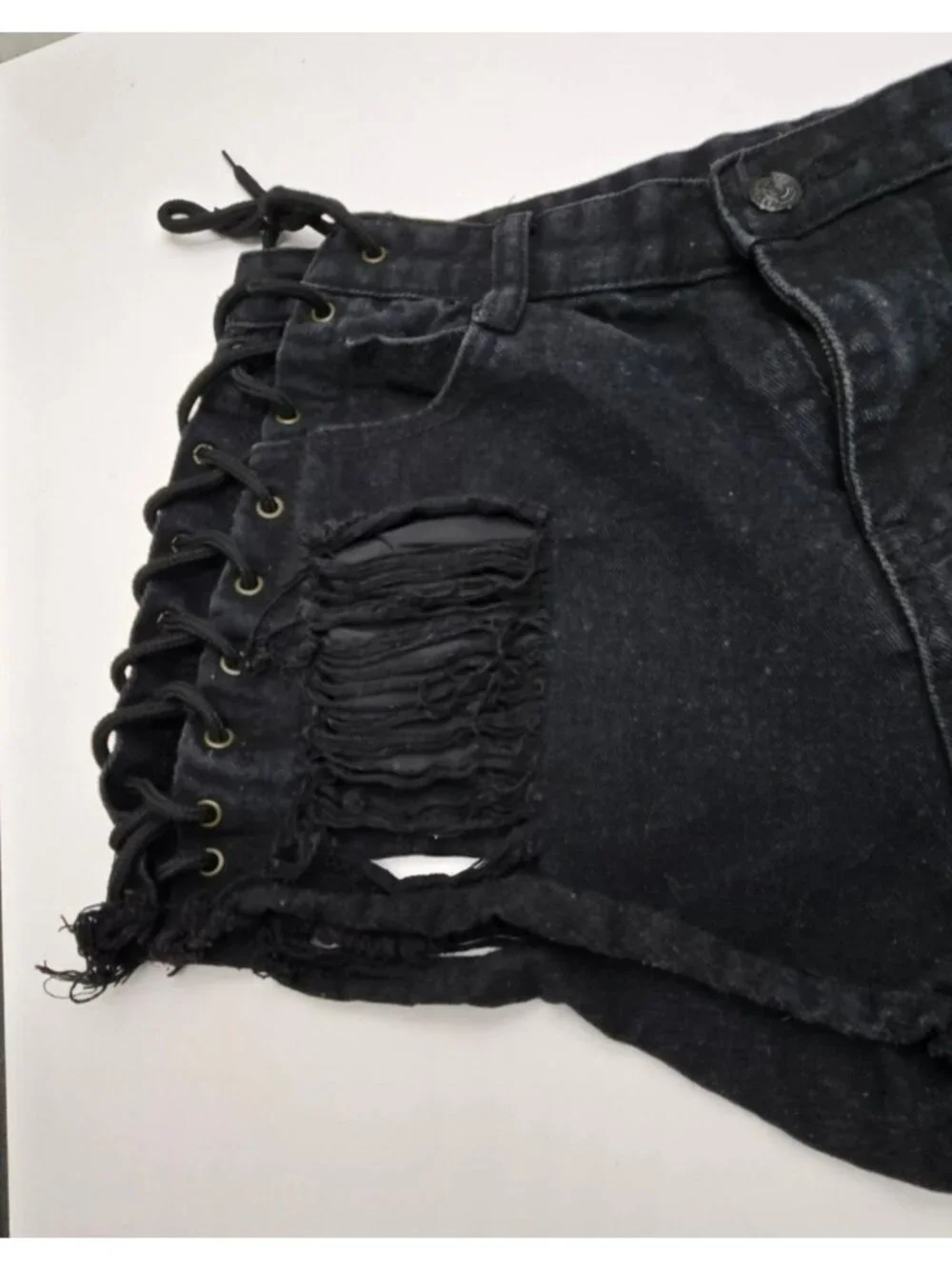 Black Distressed Denim Shorts With Lace-Up Sides And Frayed Hem Hot Pants JJ4380